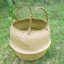 New Household Foldable Natural Seagrass Woven Storage Pot Garden Flower Vase Hanging Basket With Handle Storage Bellied Basket