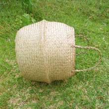 New Household Foldable Natural Seagrass Woven Storage Pot Garden Flower Vase Hanging Basket With Handle Storage Bellied Basket