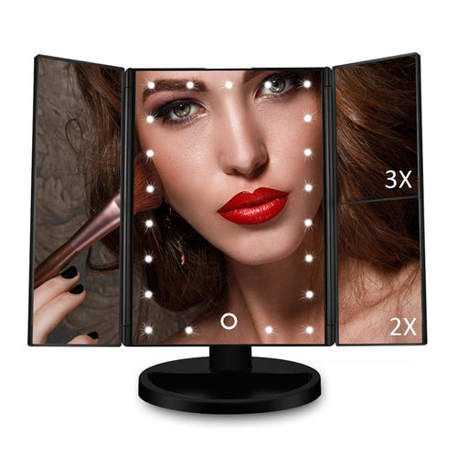 Vanity Makeup Mirror Trifold 21 LED Lighted with Touch Screen 1x/2x/3x Magnification and USB Charging 180°Adjustable Stand for Countertop Cosmetic Makeup